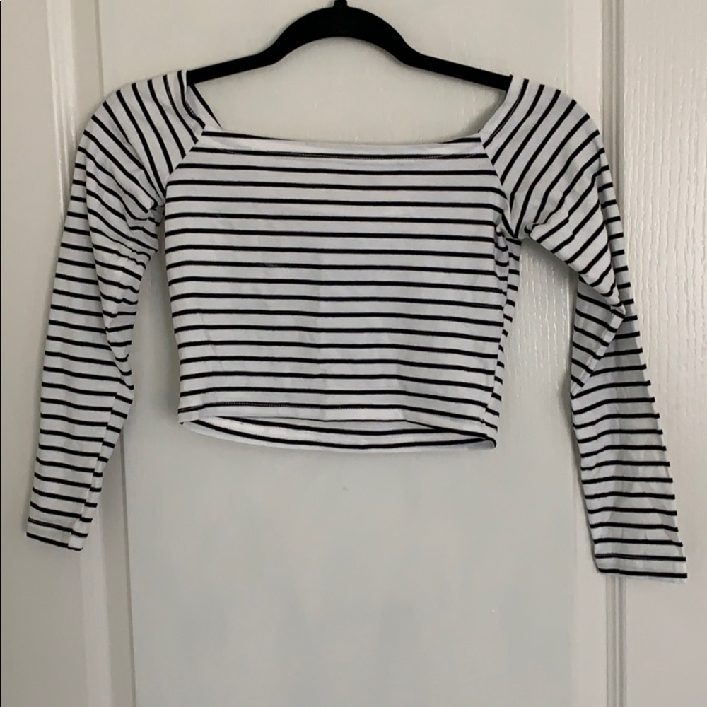 Off-Shoulder Striped Long Sleeve Crop Top
